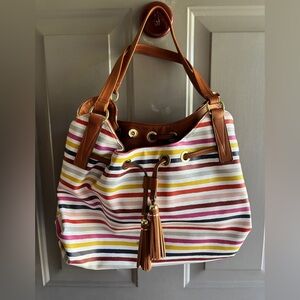 Liz Claiborne Canvas Bag Colorful Stripe Drawstring Fringe LC Leanne Four Poster